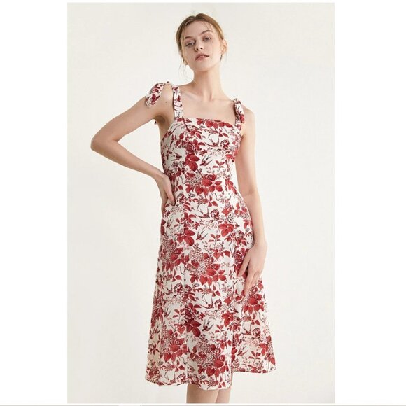 J.ing Dark Red Floral Print Tie Strap Slit Hem Midi Dress - Picture 5 of 11
